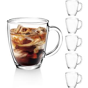 D.M DESIGNMASTER [6 PACK,12 OZ] - Premium Glass Coffee Mugs with Handle. Transparent Tea Glasses for Hot/Cold Beverages, Perfect Design for Americano, Cappuccino, Tea and Beverage.