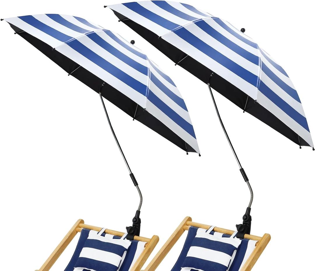 2 Pcs Beach Umbrella with Clamp UV Protection 48 Inch Adjustable Umbrellas for Chair with 360 Universal Clamps for Beach Camping Stroller Wheelchair, Chair Not Included(Blue Stripes)