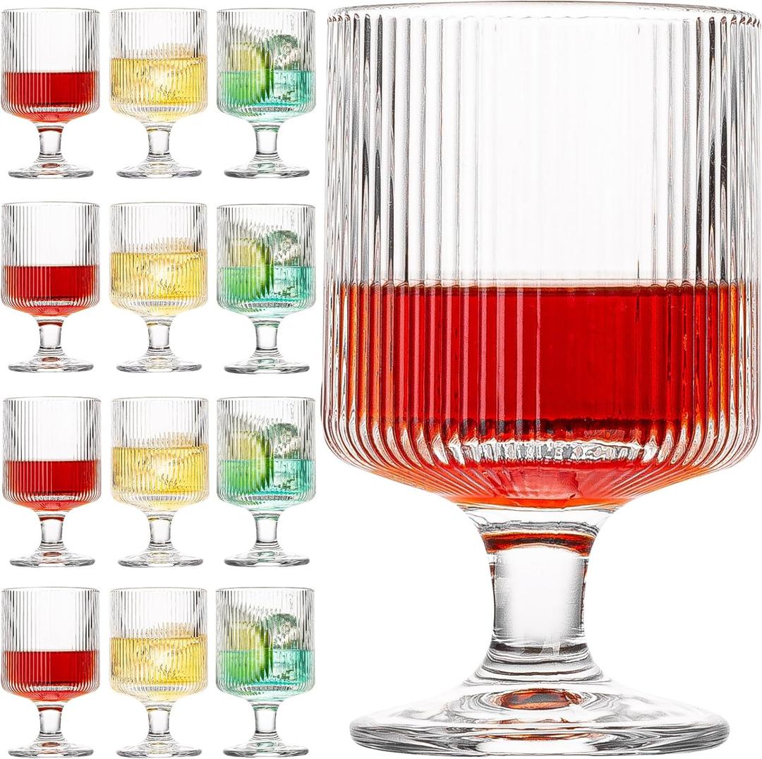 Vintage Wine Glasses Set of 12, 8 oz Origami Style Glass Water Goblets, Unique Embossed Pattern Stemmed Cocktail Glasses, Classic Goblet Party Glasses, Wine Glasses Goblets for Daily Use