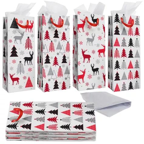 Bright Creations 12 Pack Christmas Wine Gift Bags with Tissue Paper, Christmas Tree and Reindeer