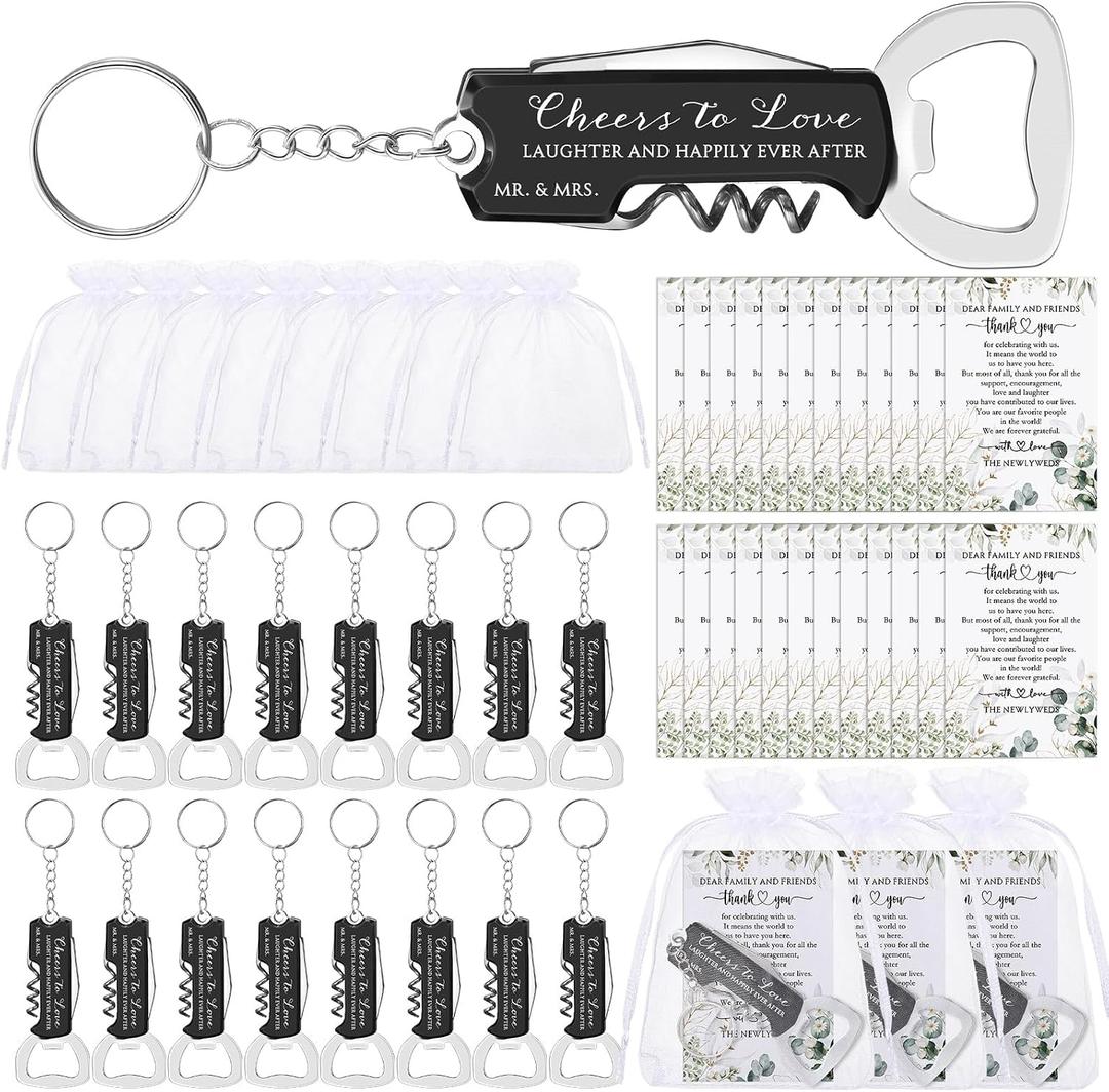 Jingmore 25 Sets Wedding Favors for Guests Bulk Cheers to Love Wine Bottle Opener Keychains Thank You Cards with Organza Bags for Bridal Shower Engagement Party Wedding Guest Souvenirs