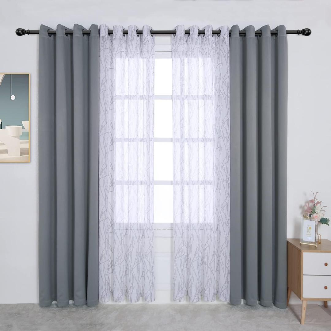 BONZER Mix and Match Curtains - 2 Pieces Branch Print Sheer Curtains and 2 Pieces Blackout Curtains for Bedroom Living Room Grommet Window Drapes, 54x84 Inch/Panel, Light Grey, Set of 4 Panels