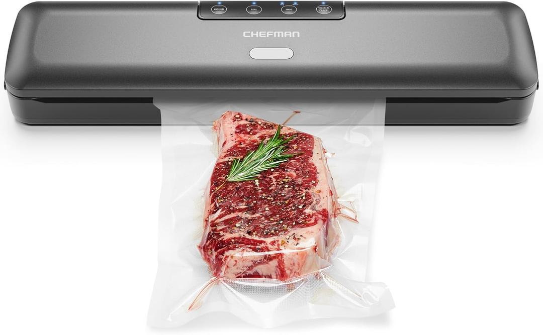 Chefman Food Vacuum Sealer Machine, Compact Vacuum Sealer with Moist & Dry Settings, Perfect for Sous Vide, Storage, and Freezer, One-Touch Operation, Vacuum Storage Bags Included Black