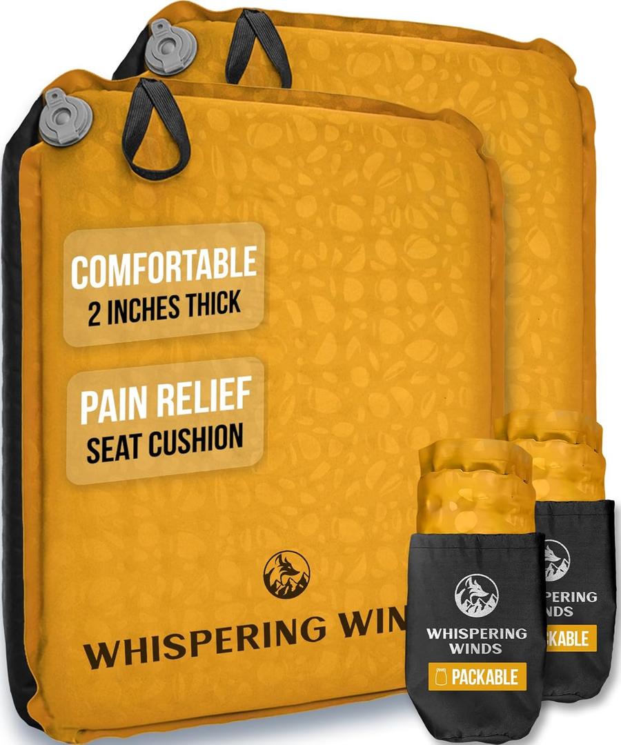 Whispering Winds Inflatable Seat Cushion - Comfortable Blow-up Foam Pad for Airplane, Travel, Stadium, Outdoors, Camping, Car & More (Large, Dark Gold - 2pack)