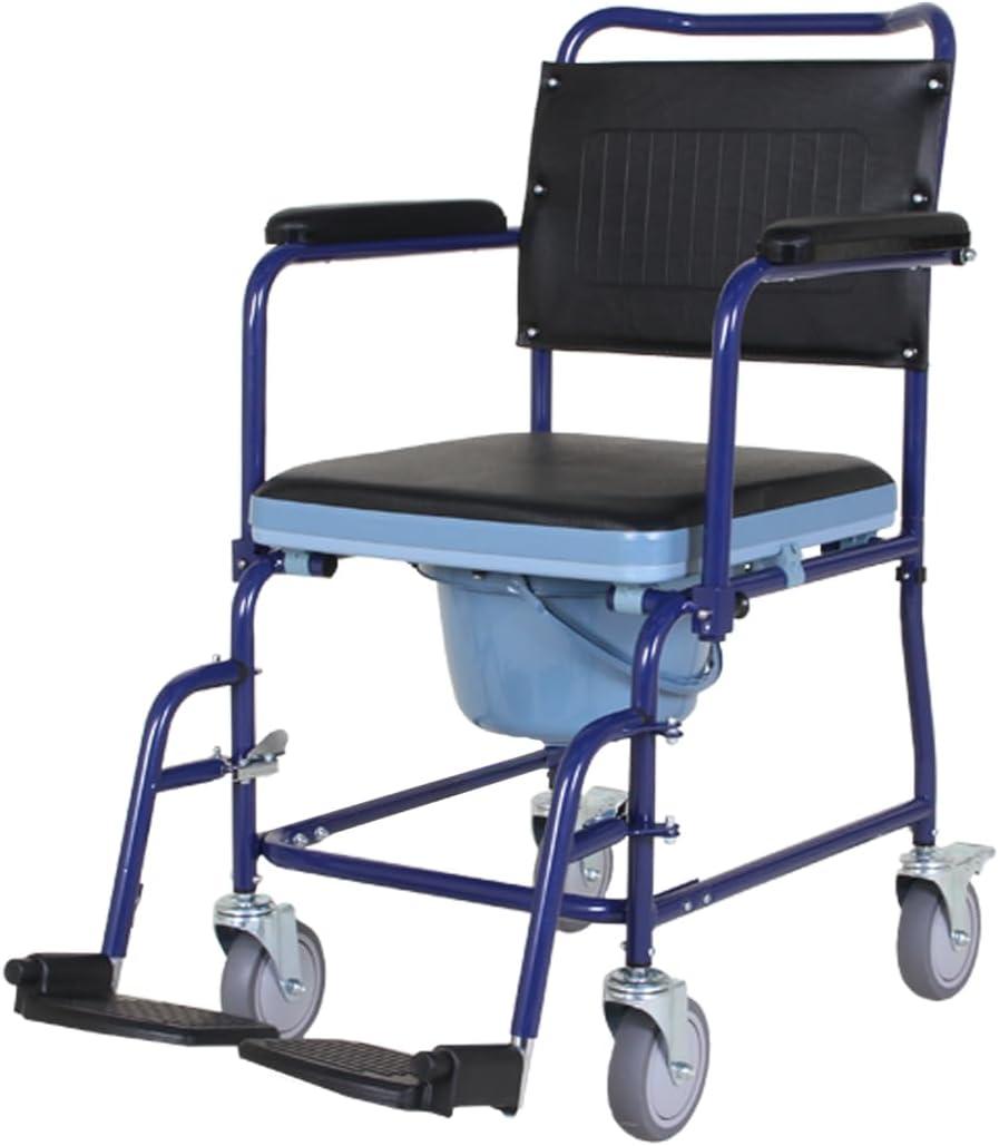 Steel Commode Wheelchair for Adults with Flip-Up Armrests, Padded PVC Seat, 5” Wheels with Brakes, Removable Bucket & Footrests