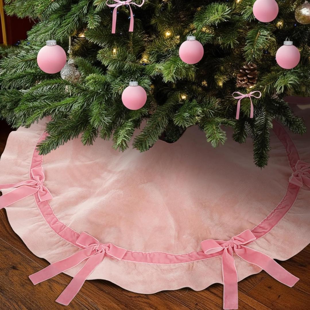 Syhood Christmas Tree Skirt 30" Scallop Velvet Tree Skirt with Bow Small Christmas Decoration for Xmas Holiday Indoor Outdoor Seasonal Home Decors(Pink Bow)