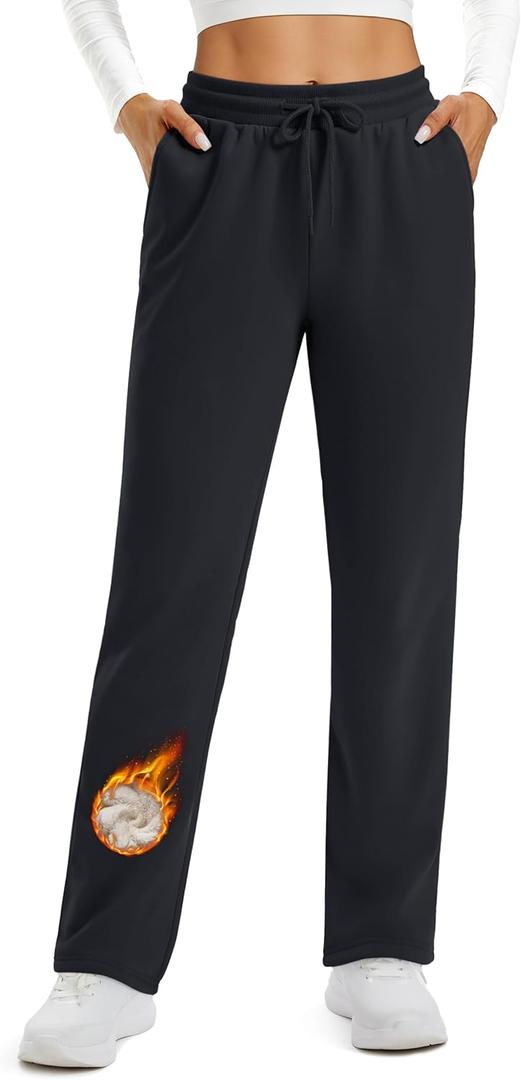 TACVASEN Women's Fleece Lined Sweatpants Winter Thermal Sherpa Pants with Pockets High Waisted Warm Cotton Lounge Casual (X-Large, Black)