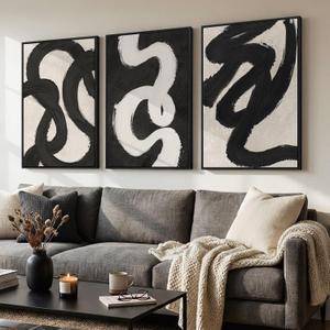 Large Framed Black and White Abstract Wall Art for Living Room, 3 Piece Neutral Canvas Prints Paintings Artwork, Modern Minimalist Brush Stroke Lines Pictures for Hallway Office Wall Decor 24x36 In, 24" W x 36" H x 3Pcs