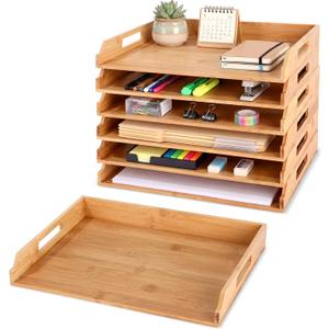 AceOrbit 6 Pcs Stackable Paper Tray Bamboo Wood Desk Organizer Letter Tray 6 Tier Wooden File Organizer Desk Shelf for Documents, Letter Sorter, Envelopes and Magazine Holder
