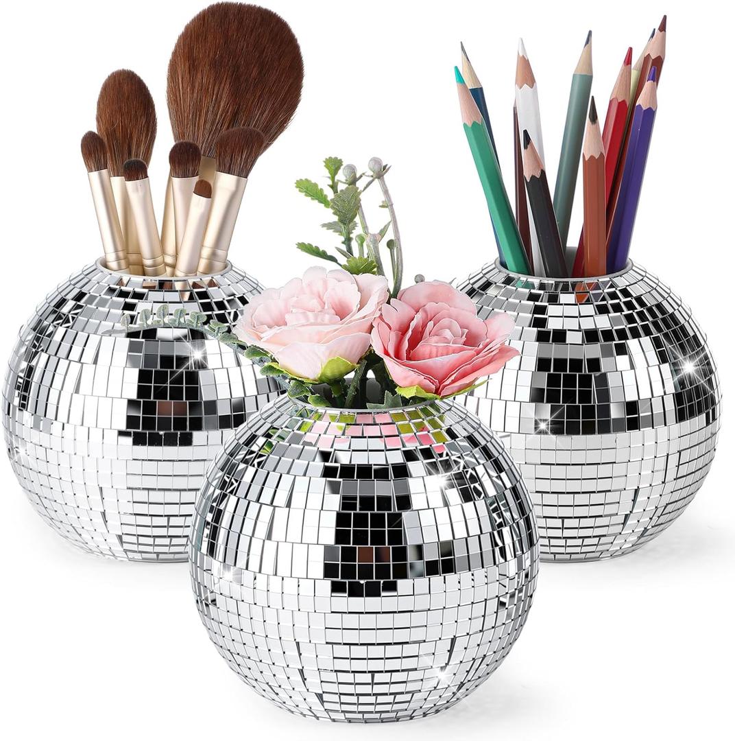 1 Pcs 4 Inch Disco Ball Pencil Pen Holder for Desk Decor Sequin Plastic Makeup Brush Organizer Disco Flower Vase Silver Table Centerpieces for Office Home Classroom Party