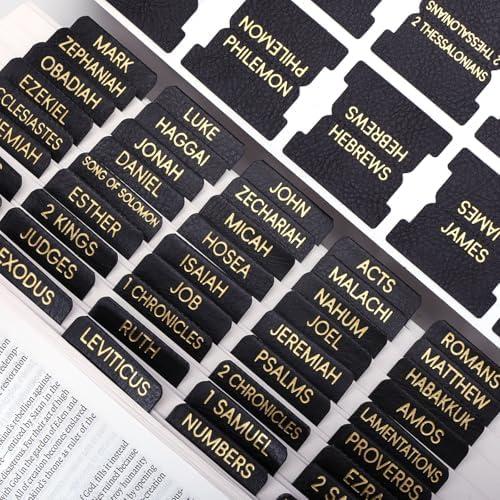 XKDOUS Leather Black Bible Tabs, Laminated Large Print Gold Foil Bible Tabs for Men Women, 75 Bible Chapter Tabs, Bible Index Tabs, Bible Book Tabs (Black)