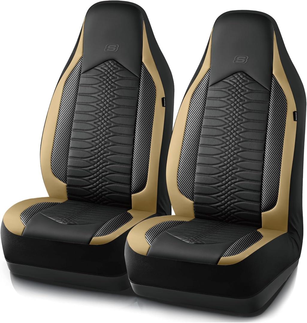 Skechers Memory Foam Car Seat Covers, Leather High Back Seat Covers Quilting Design,Waterproof Sports Car Seat Covers Front Seats,Airbag Compatible, Universal Fit for Most Cars, SUVs,Trucks,Beige (Black and Beige)