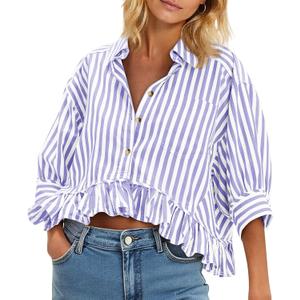 Cicy Bell Womens Cropped Striped Button Down Shirts Ruffle 3/4 Length Sleeve Summer Tops Dressy Casual Blouses (Purple), Size L