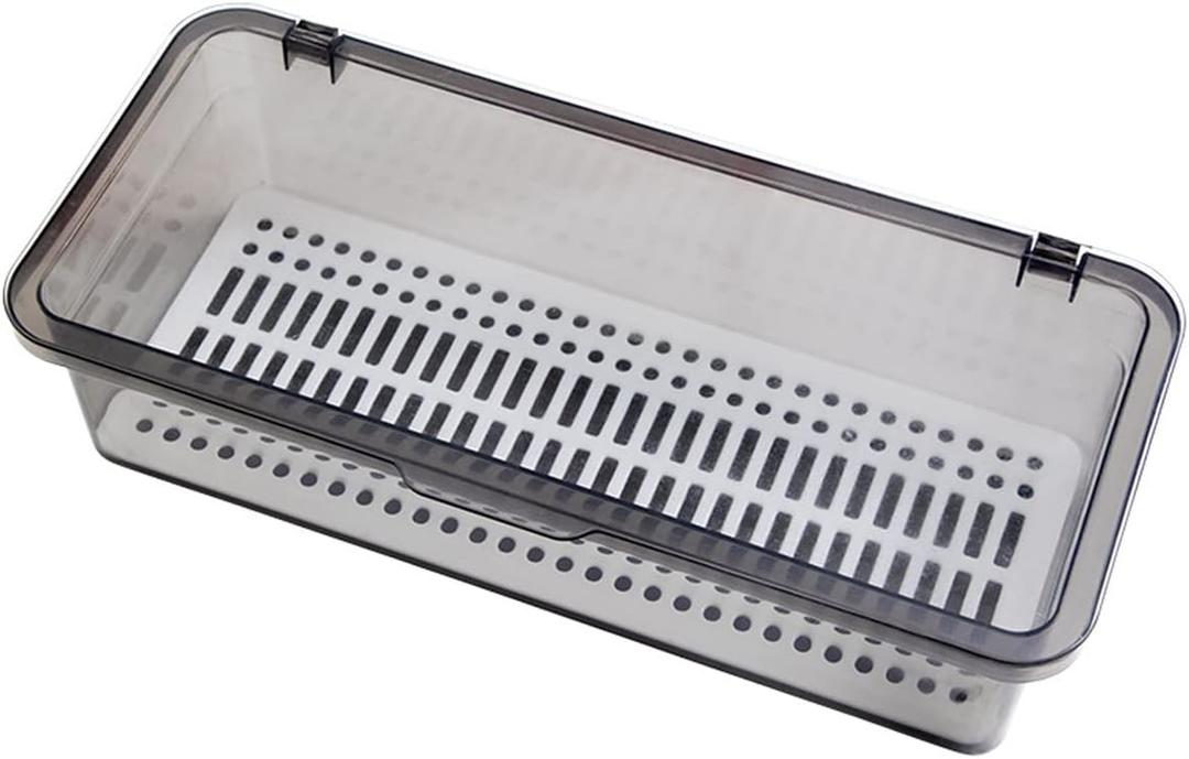Flatware Tray Kitchen Drawer Organizer With Lid And Drainer - Plastic Kitchen Cutlery Tray and Utensil Storage Container with Cover - Dinnerware Holder for Spoons Forks Knives 10.0x4.3x2.8