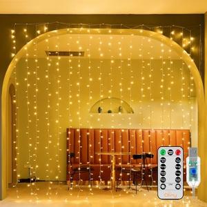 PXB NIUYA Christmas Curtain Lights 300 LED 9.8 FTx9.8 FT, Outdoor Waterproof Curtain String Lights with Remote Timer 8 Modes, USB Waterfall Window Lights for Wall Backdrop Home Decorations (Warm White)