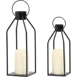 HPC Decor Modern Farmhouse Lanterrn Decor- Black Metal Candle for Summer Night- Lanterns w/Timer Flickering Candles for Living Room,Home,Indoor, Outdoor,Table,Fireplace Mantle Dcor