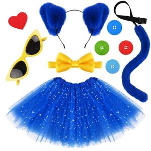 JcHrmers 6 Pcs Blue Cat Costume Include Headband,Tutu Skirt,Bowtie,Fur Tail,Sticker and Glasses for Women Halloween Party Dress Up (Kid) 9-11 Y