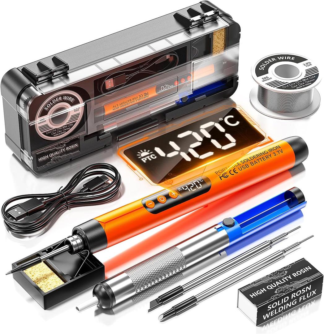 Cordless USB digital rechargeable portable soldering iron, carrying temperature adjustment button, soldering iron wire, soldering iron holder, tin absorber, rosin, storage box (Orange) (Orange)