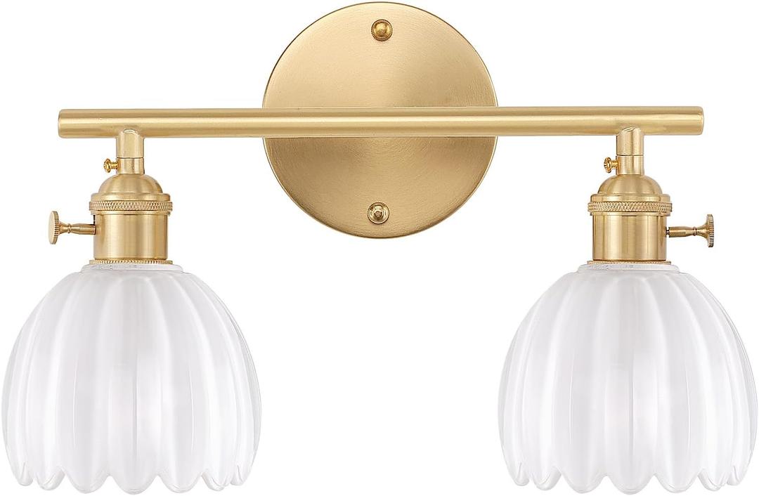 Bathroom Light Fixtures, 2-Light Brass Vanity Wall Light Over Mirror with White Tulip Glass Shade for Bedroom Living Room (Hardwired)