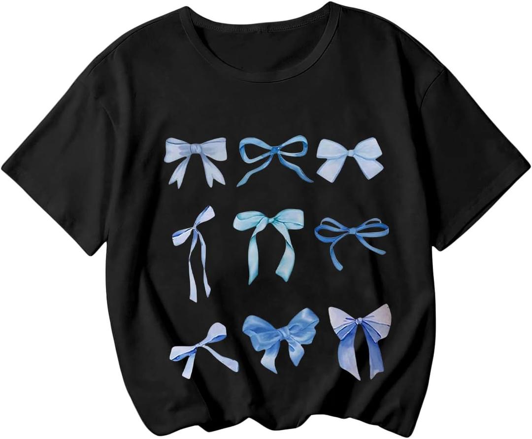 Girl's Bow Graphic Tees Crew Neck Short Sleeve Summer T Shirts Preppy Cute Clothes for Girls (Black, 11Y)