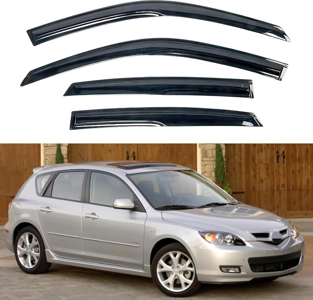 KPY Window Visor Compatible with Mazda 3 Hatchback 2004-2009, 4PC Rain Guard Side Window Vent Deflectors Tape-On Mugen Style, 2004 2005 2006 2007 2008 2009 (04-09 Mazda 3 Hatchback)