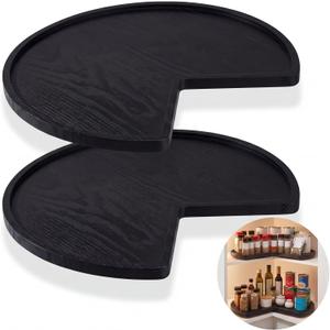 Leinuosen 2 Pcs 24in/28in/32in Banded Pine Wood Full Kidney Shaped Lazy Susan for Corner Base Cabinets with Iron Swivel Bearing for Kitchen Turntables, Not Include Metal Rod (32 Inch,Black)