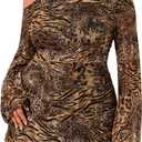 SOLY HUX Women's Plus Size Off The Shoulder Tie Dye Mini Dress Flared Long Sleeve Bodycon Party Dress Brown Leopard, X-Large Plus