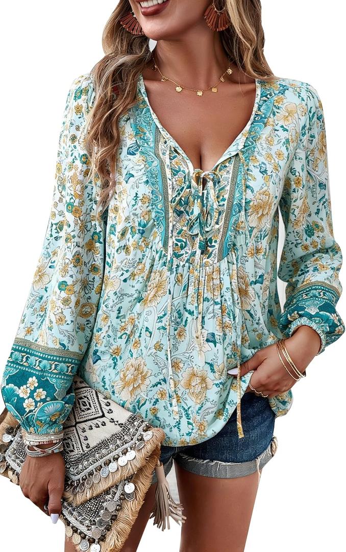 Women's Casual Floral Print V Neck Top Loose Boho Long Sleeve Beach Shirts Blouses XL