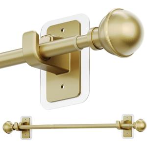 ENJOYBASICS No Drill Curtain Rods for Window 28 to 47 Inches, 5/8 Inch Diameter Renter Friendly Drapery Rod with Adhesive Brackets without Drilling, Adjustable from 27 to 52 Inches, Gold