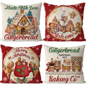 GAGEC Christmas Pillow Covers 16x16 Inch Vintage Gingerbread Red Throw Pillow Covers Christmas Xmas Winter Pillowcase Home Decor Living Room House Decorative Cushion Case for Sofa Couch