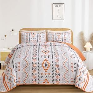 Drucon Boho Aztec Quilt Set Queen Size 3 Pieces Terracotta Ultra Soft Lightweight Fall Quilt Beddding Set, Microfiber Bohemian Bedspread Coverlet Set with 2 Pillowcases for All Season (Queen, 90"x96")