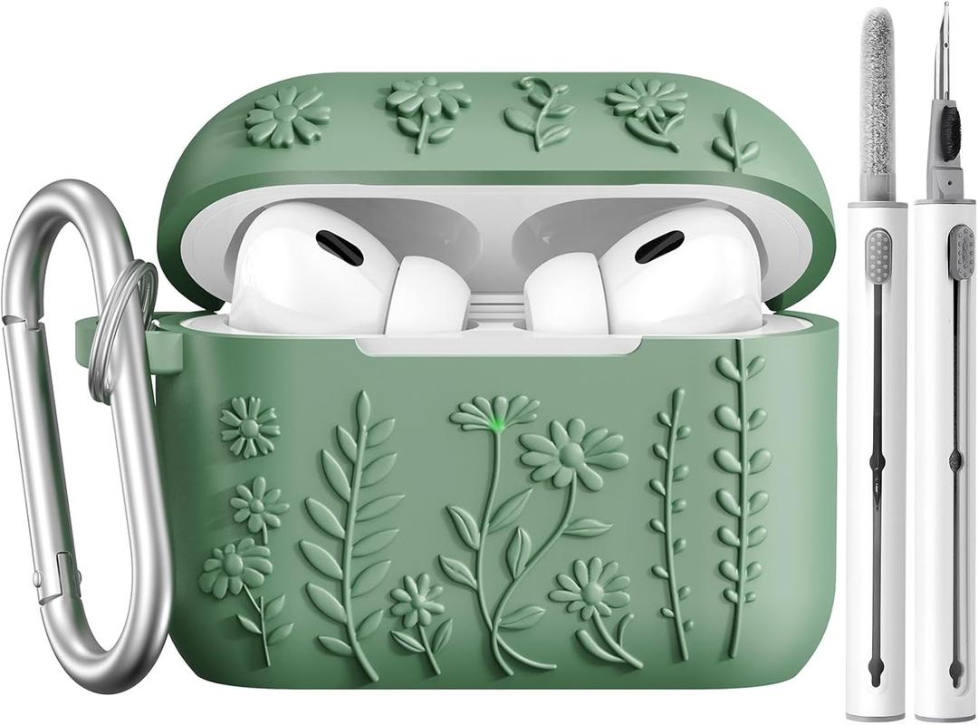 AIRSPO Airpod Pro 2nd Generation Case, 3D Floral Embossed Soft Silicone Protective Cover with Cleaner Kit for Apple Airpods Pro 2nd 1st Gen Case with Keychain (2023/2022), Green