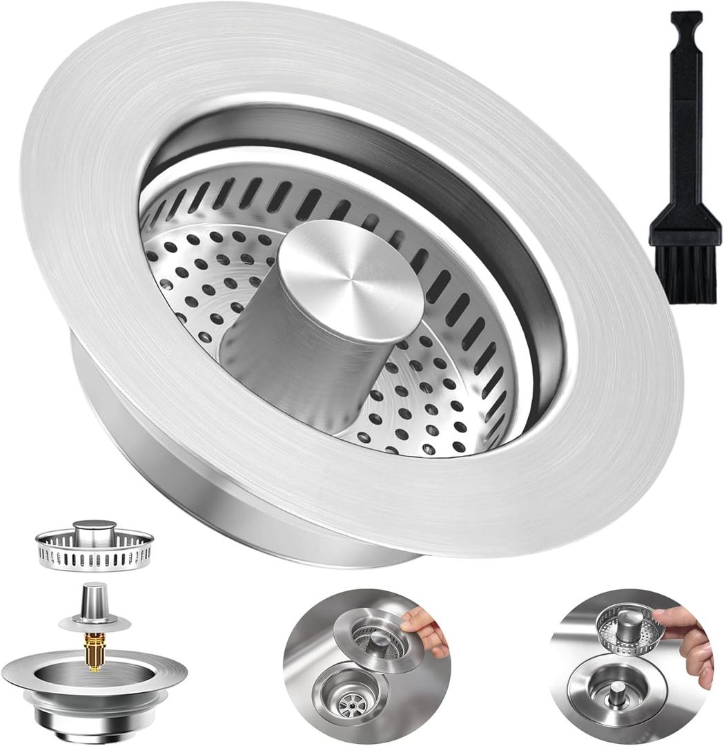 3-in-1 Kitchen Sink Drain Strainer Stopper, Upgraded Stainless Steel Sink Plug with Anti-Clog Filter Basket, Fits Standard 3-1/2 Inch Drain Hole, Pop Up Garbage Disposal Cover Food Catcher (Silver)