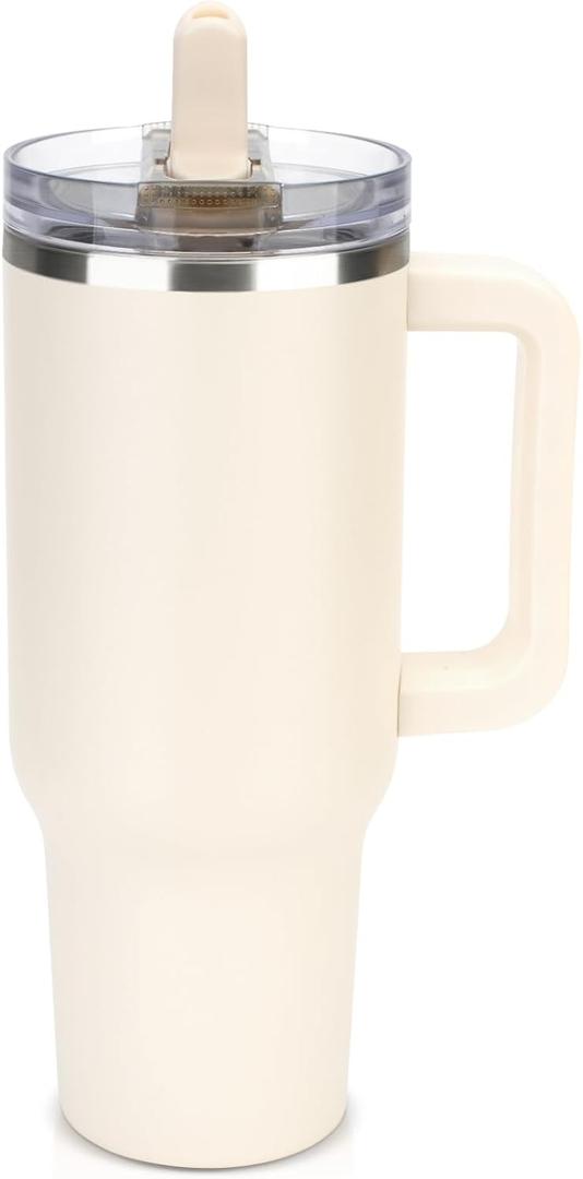 Sursip 40 oz Tumbler with Handle and Flip Straw, 100% Leakproof Lid Insulated Cup Stainless Steel Water Bottle for Cold Drinks Travel Mug, BPA-Free, Dishwasher Safe (Cream)