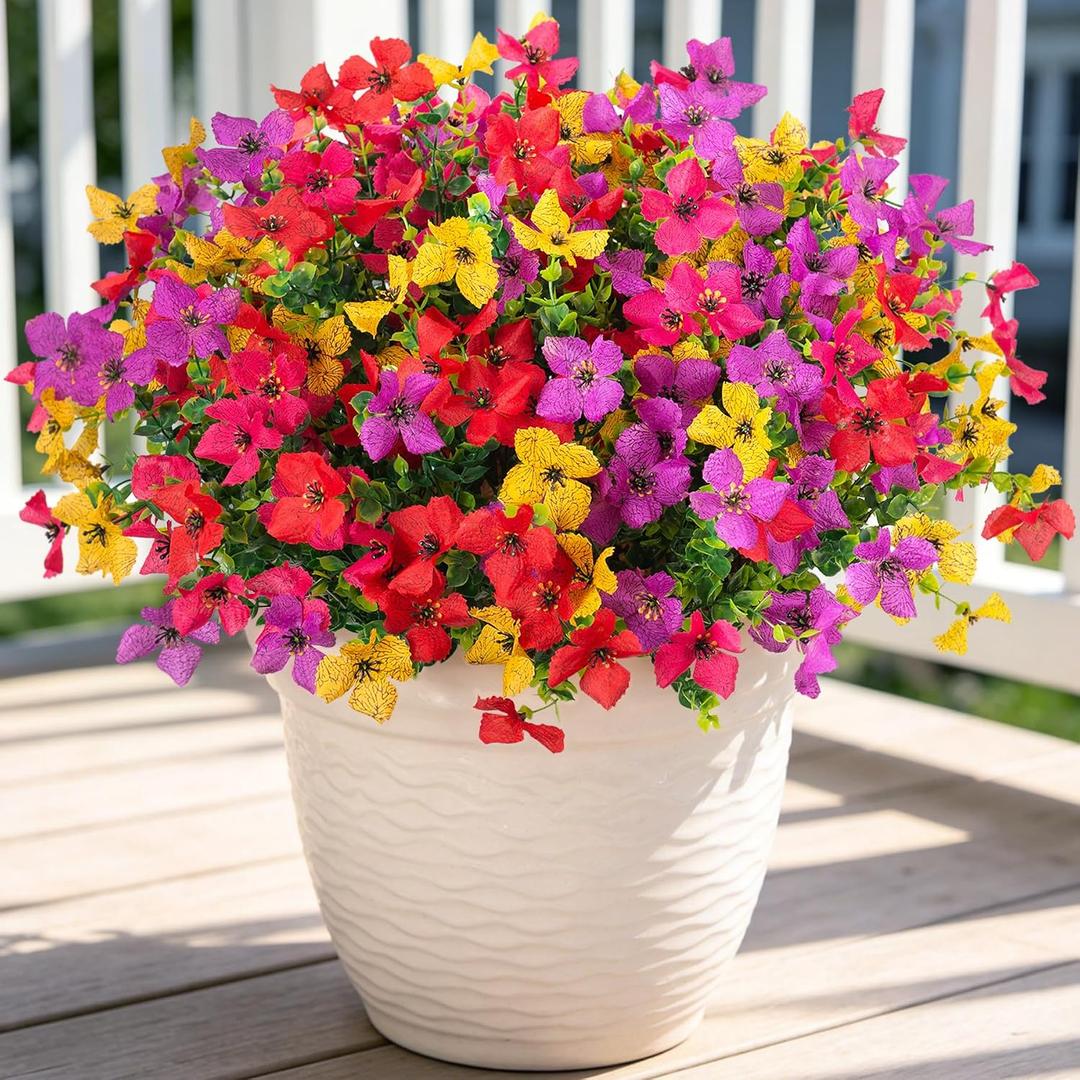 INXUGAO Artificial Faux Plants Flowers Outdoor Spring Summer Decoration, 12 Bundles Fake Silk Colorful Daisy Eucalyptus Realistic UV Resistant for Outside Home Planter Porch Yard Decor (Mix)