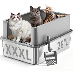 Jotesnew XXXL Stainless Steel Litter Box,28" L*20" W*12.5" H Large Capacity Metal Cat Litter Box for Big & Multiple Cats,Anti-Leakage,Non-Stick Surface for Easy Cleaning,Odor-Resistant,Gray