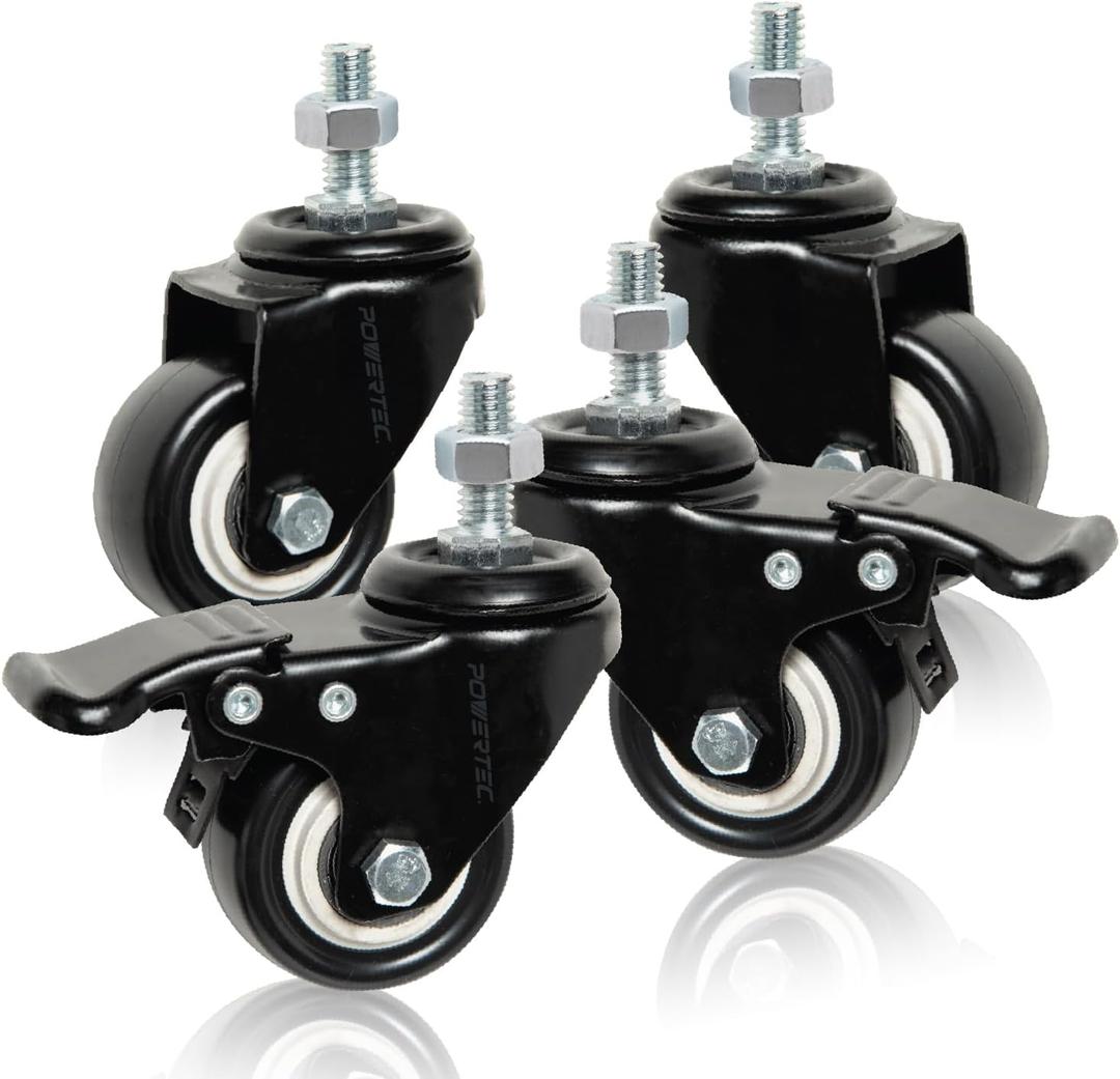 POWERTEC 2 Inch Caster Wheels Set of 4, 3/8"-16 x 1 Stem Casters - 2 Casters W/Dual Locking Break - Heavy Duty 350 lbs, 360 Swivel, PU Castor Wheels for Furniture, Carts, Trolleys, Toolboxes (17220)