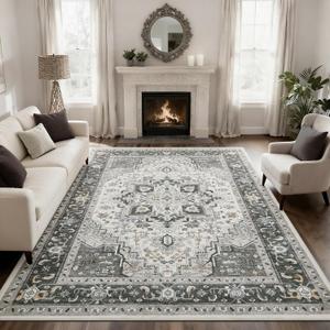 Washable 8X10 Area Rugs for Living Room, Soft Low Pile Vintage Rugs with Non Slip Rubber Backing, Boho Large Carpet for Bedroom, Dining Room, Farmhouse, Nursery, Home Office