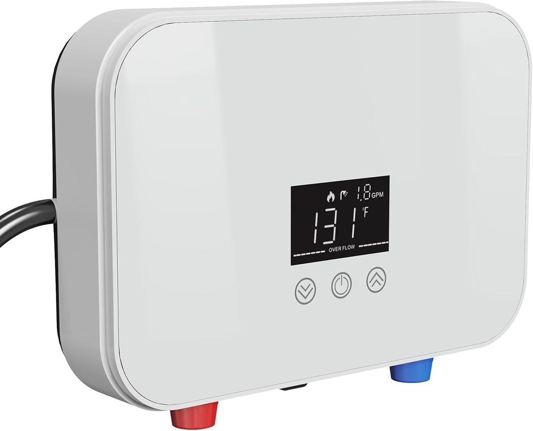 Tankless Water Heater Electric, 6000W 110V Instant Hot Water Heater with Digital Display Self-modulating, Overheating Protection for Demand (White)