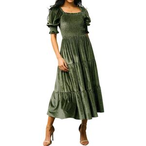R.Vivimos Womens Fall Winter Velvet Dress Puff Sleeve Square Neck Smocked Tiered Ruffle A-Line Flowy Midi Dress, Small