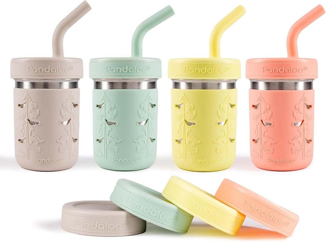 Pandaloo Smoothie Cups for Kids - Stainless Steel Toddler Tumbler with Straw, Sippy Cup for Smoothies - BPA-Free, Toddler Snack Cups, 10 oz (Pack of 4, Creamy Mushroom/Sage/Lime/Peach)