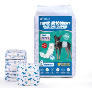 Pet Soft Male Dog Diapers - Disposable Male Dog Wraps Wetness Indicator, Puppy Diapers Male for Excitable Urination or Incontinence, 20pcs Small