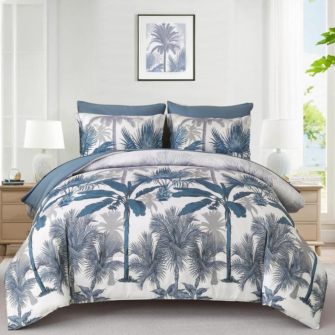 WONGS BEDDING Comforter Set Queen Size, 7 Pieces Dark Blue Botanical Bed in a Bag, Soft Microfiber Tropical Palm Tree Bedding Set with Comforter, Flat Sheet, Fitted Sheet, Pillow Shams, Pillowcases
