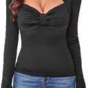 RoseSeek Women's Ruched Sweetheart Neck Tee Tops Long Sleeve Slim Fit T Shirts Elegant Top, Medium