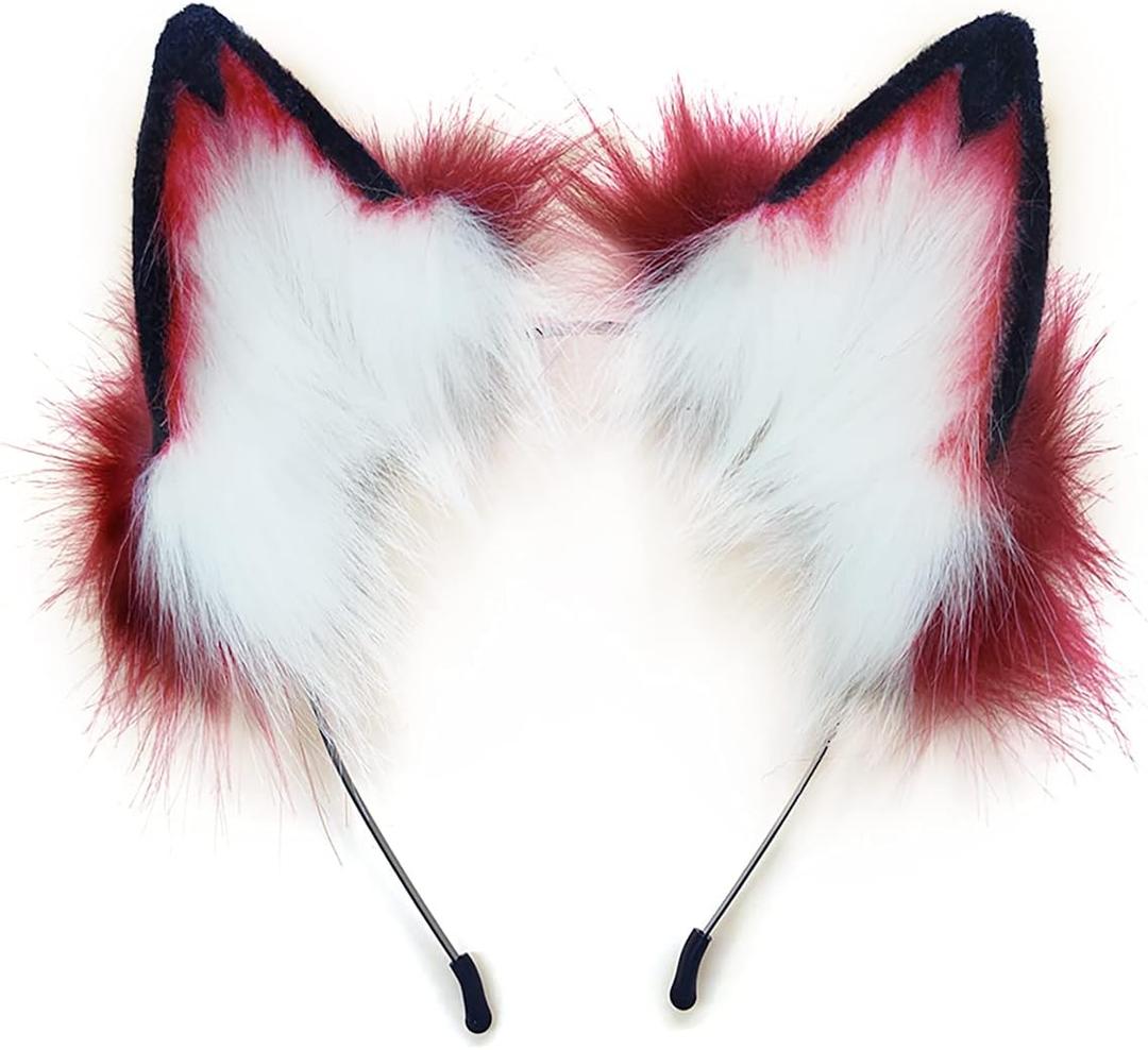QinRuan Fox Cat Long Fur Ears Hair Headwear Wolf Animal Anime Halloween Cosplay Costume (4-wine)