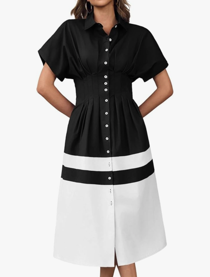 Wenrine Womens Summer Button Down Shirt Dress Casual Color Block V Neck Short Sleeve Corset Maxi Dresses Size Medium