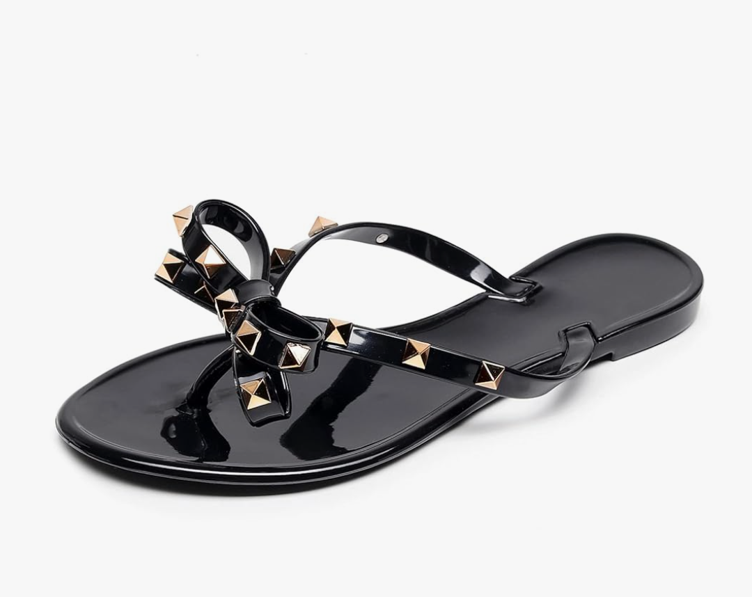 Studded Jelly Shoes for Womens Bow Flip Flops Jellies Sandals Flat Black Summer Beach Thong with Rivets Strappy Slides Slip On Size 41