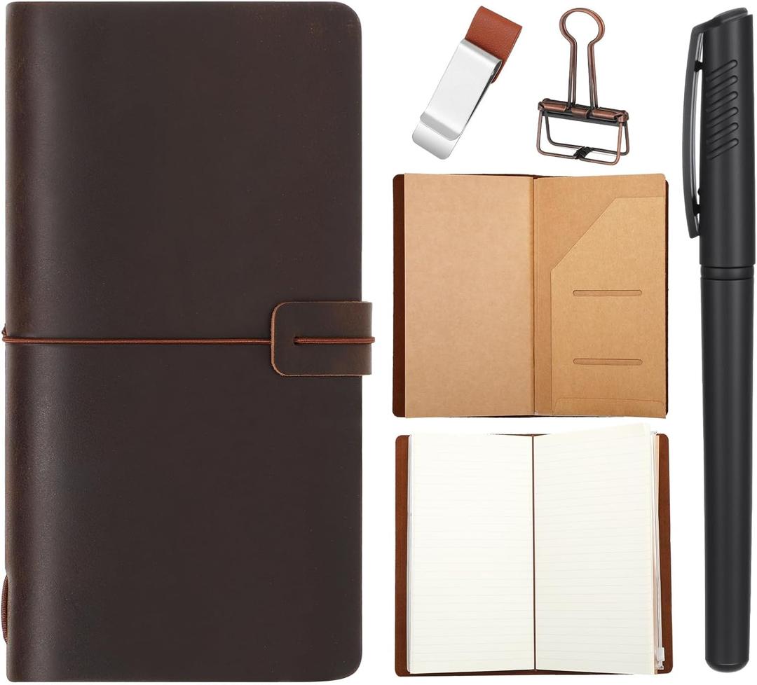 Thenshop Travelers Refillable Leather Journal Notebook Travel Diary Handmade Passport Travelers Journal for Men and Women with 3 Notebook Inserts, Pen Holder, Binder Clip(Dark Brown,Stand Size)