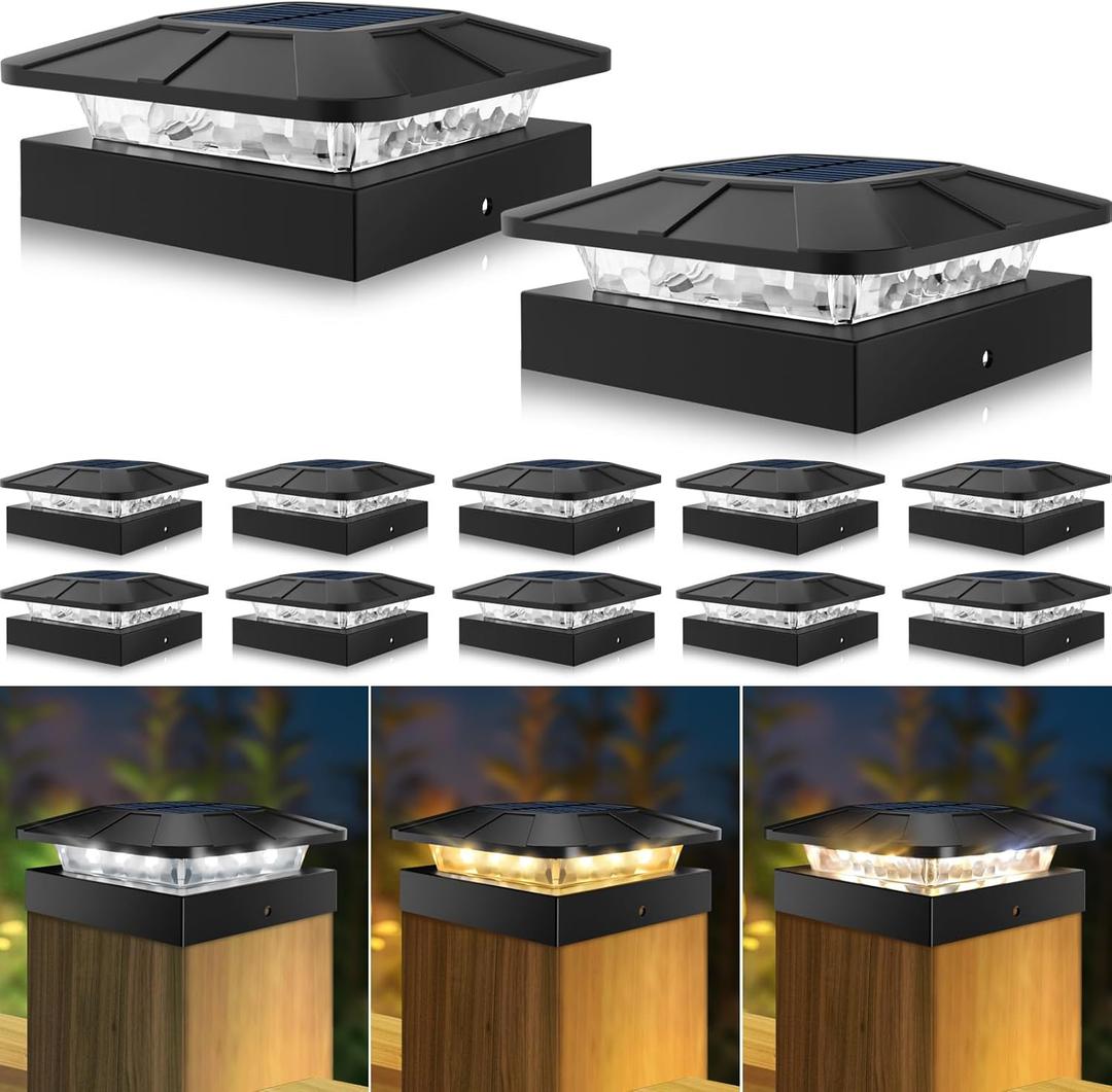 Peasur 4x4 Solar Post Cap Lights Outdoor 12 Packs, 3 Lighting Modes LED Post Light Solar Powered Waterproof, Fence Deck Lights for Wood/Vinyl Posts (Black)