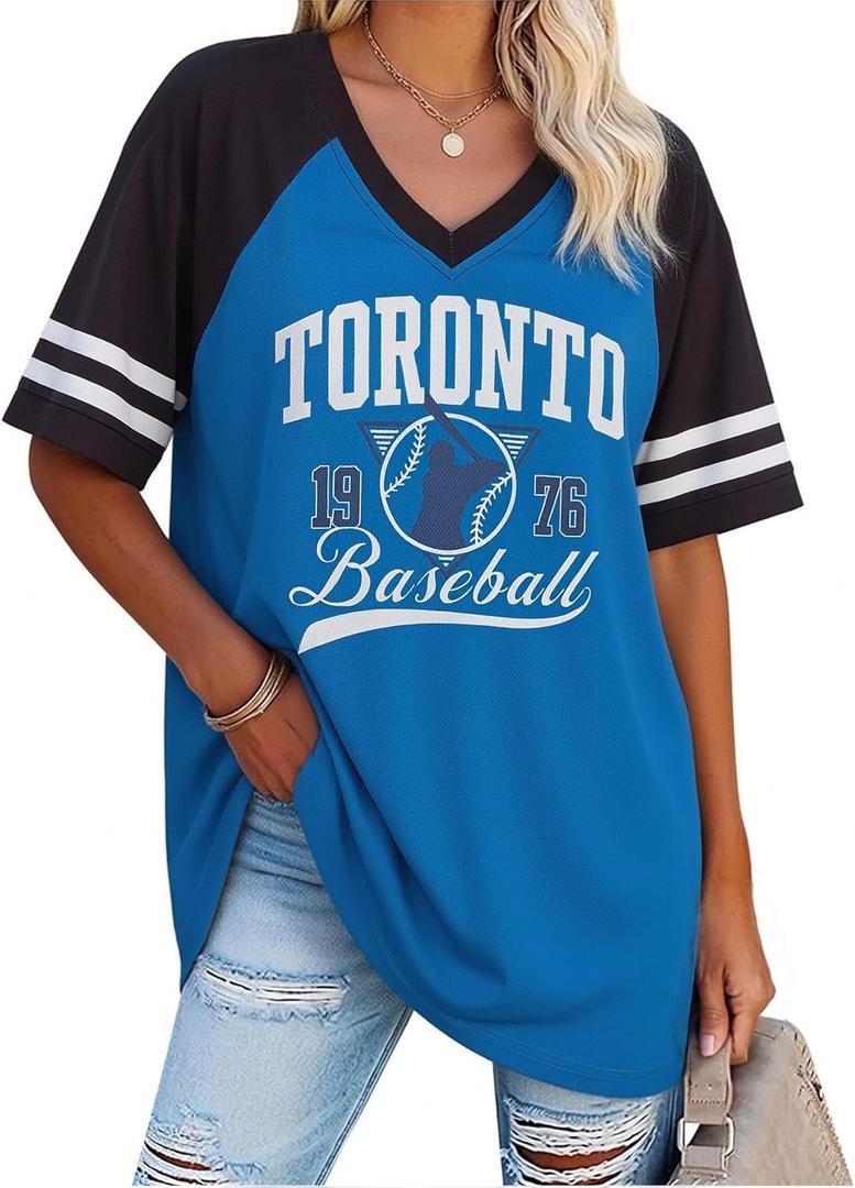 FAYALEQ Women's Vintage Baseball Graphic T-Shirt Retro Baseball Print Tee | Vintage Baseball Shirts for Women Game Day Outfit V Neck Casual Short Sleeve Retro Sports Print Tee for Baseball Fans (Blue, L)